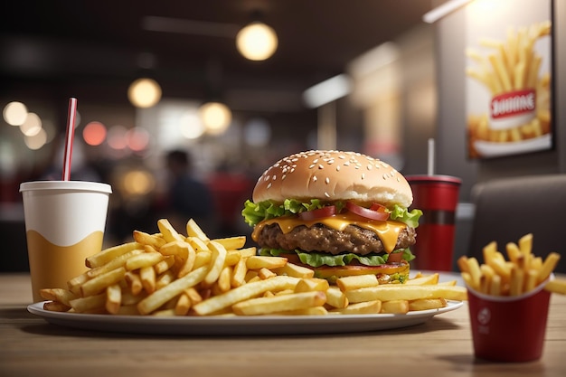 french fries and hamburger in fast food restaurant