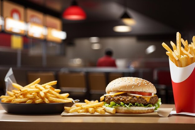 french fries and hamburger in fast food restaurant