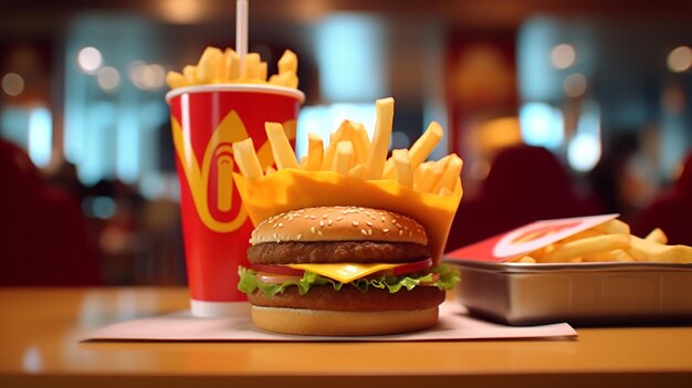 Premium AI Image | French fries and hamburger in fast food restaurant