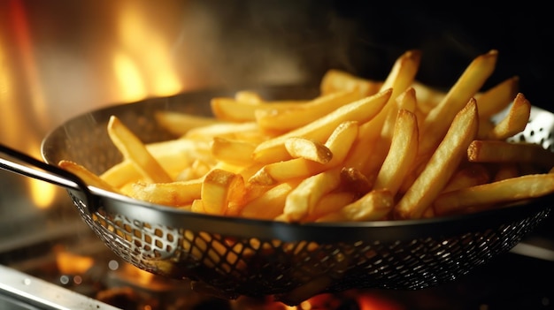 French fries is cooking into deep fryer at kitchen Generative AI