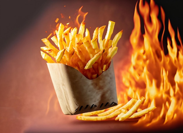 Foto le patatine fritte levitano sullo sfondo del fuoco e copiano lo spazio
