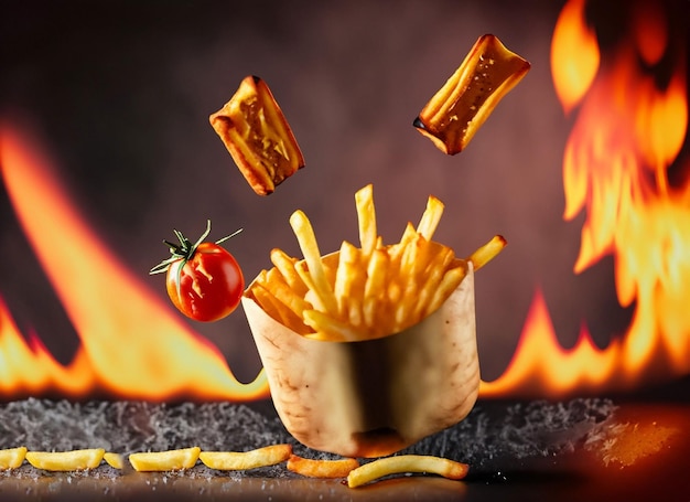 French fries levitate on a fire background and copy space