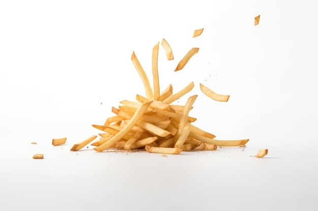 French fries levitate on a white background generative ai