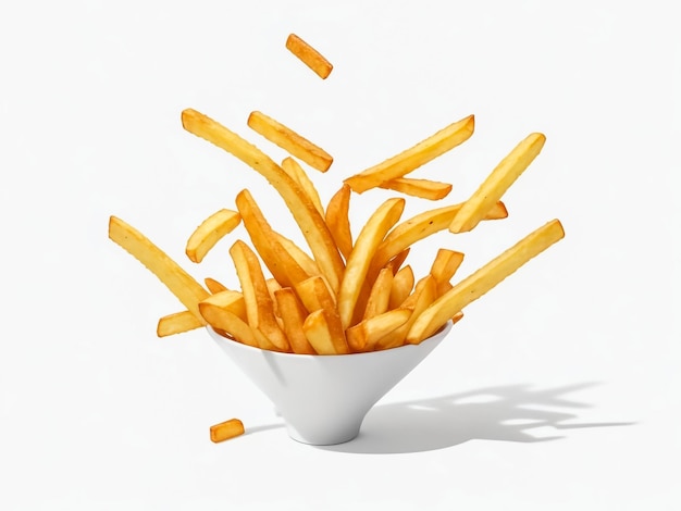 french fries levitate on a white background