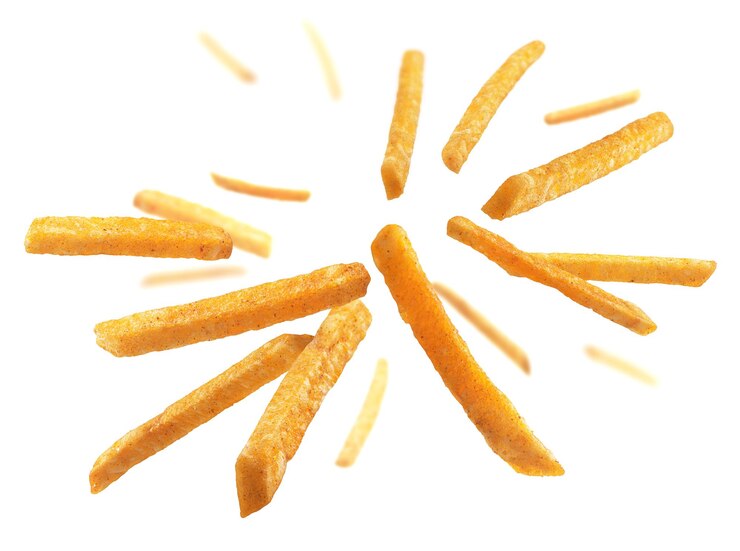 French fries levitate on a white background