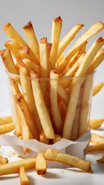 French fries levitate on a white background