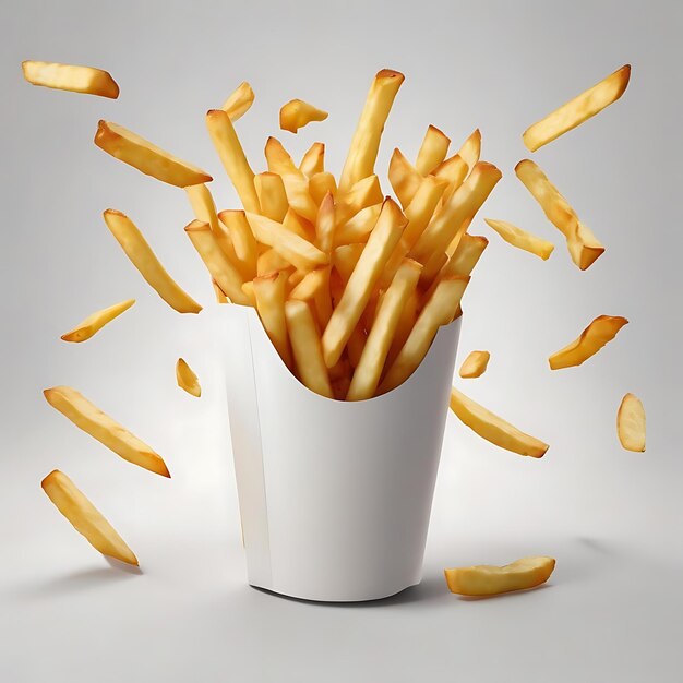 French fries levitate on a white background