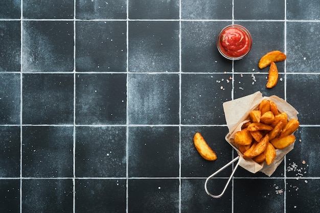 French fries in metal wire basket with salt and ketchup on old wooden dark background clous up Fried potatoes Fast food and unhealthy food concept