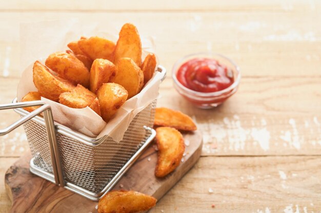 French fries in metal wire basket with salt and ketchup on old wooden light background clous up Fried potatoes Fast food and unhealthy food concept