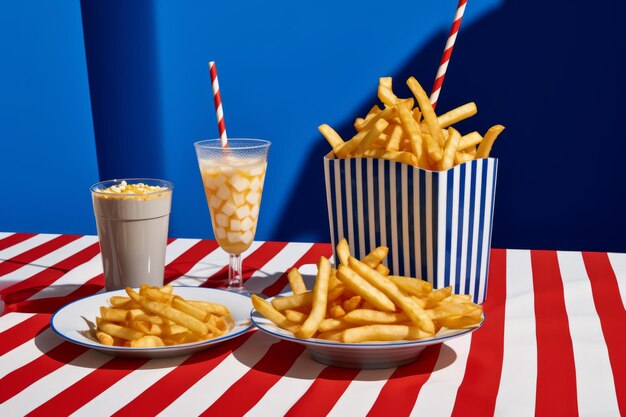 Photo french fries and milkshake on a red and white striped table