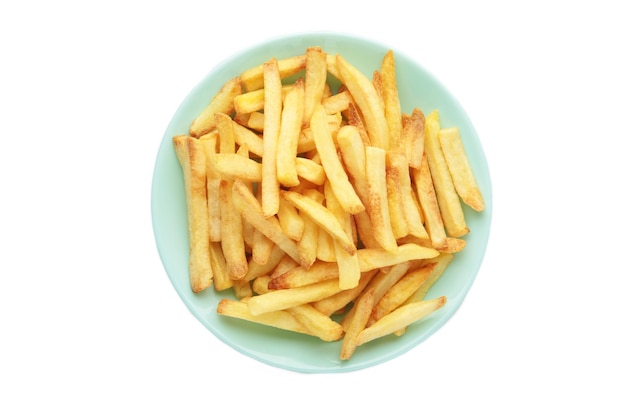 French fries on mint plate isolated on white background