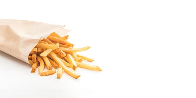 French fries in a paper bag isolated on white background with copy space