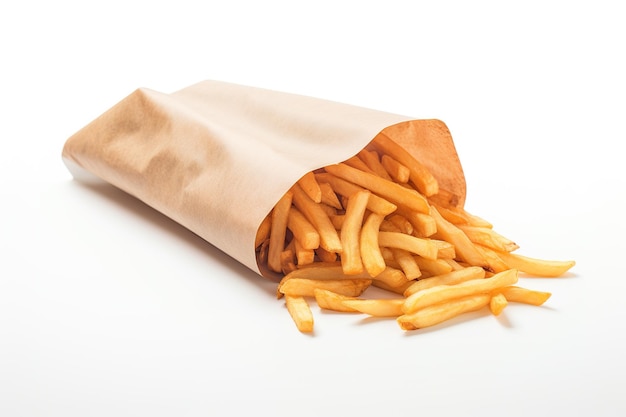 French fries in a paper bag isolated on white background