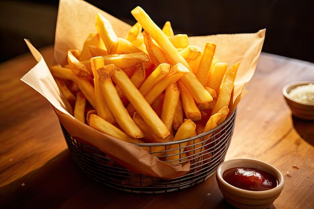 French fries in a paper basket on a wood table