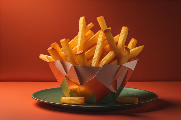 Photo french fries in a paper box on a red background generative ai