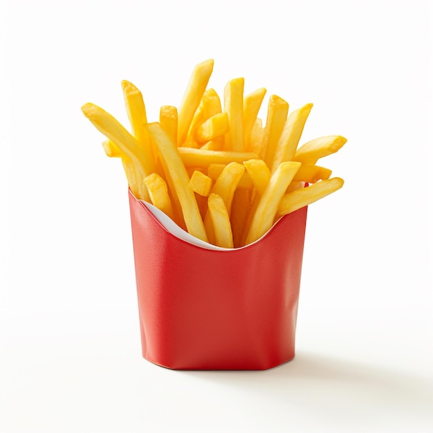 French fries in a paper cup on a white background