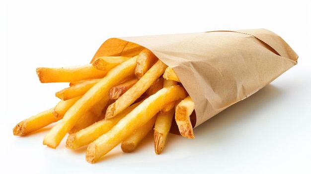 french fries in a paper wrapper on white background