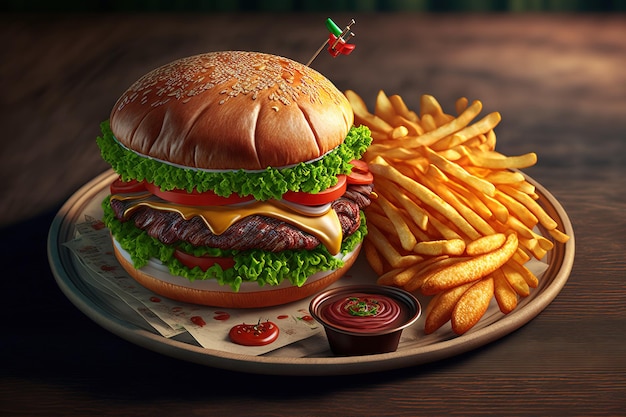 French fries on a platter and a bacon cheeseburger with lettuce and tomato in closeup