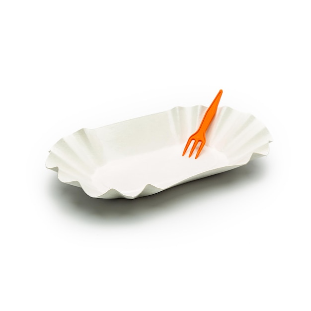 French fries pommes shell with orange fork