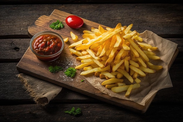 French fries or potato chips with sour cream and ketchup