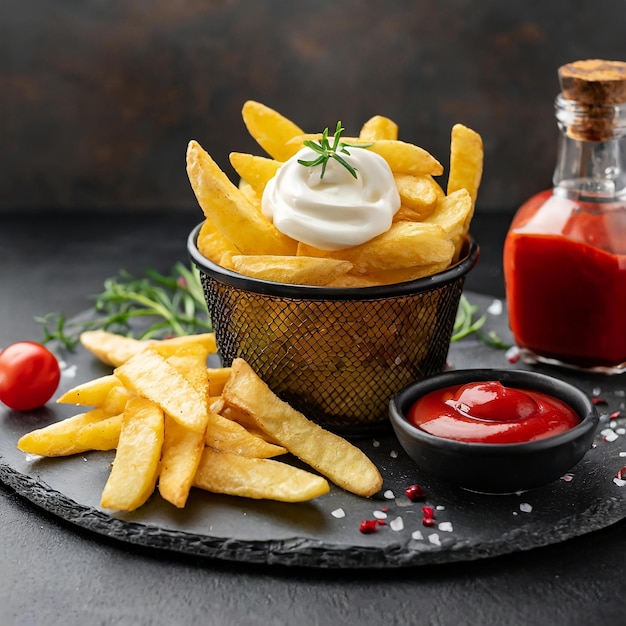 french fries or potato chips with sour cream and ketchup