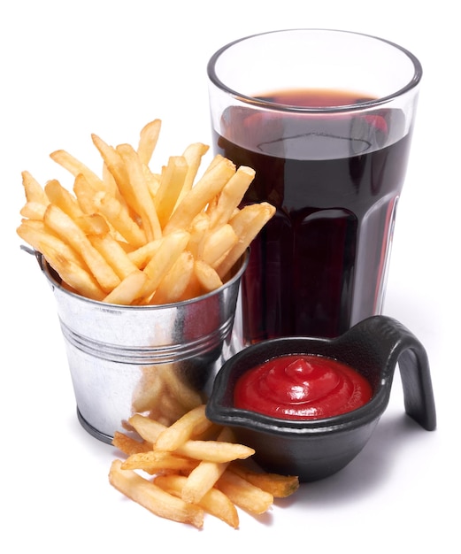 French fries potatoes in stylized metallic bucket isolated on white background