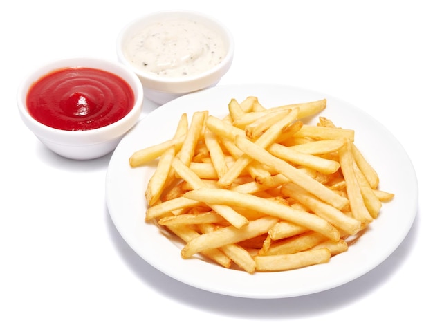 French fries potatoes on white ceramic plate isolated on white background