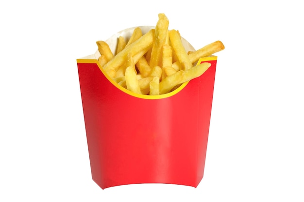 French fries in a red box isolated on a white background Fastfood