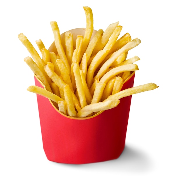 Photo french fries in a red carton box isolated on white