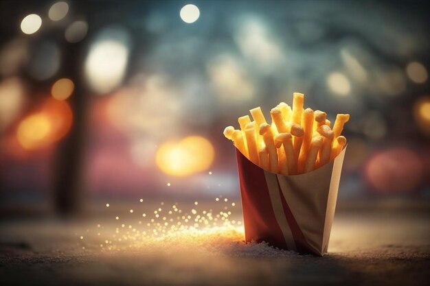 A french fries in a red and white box with the word french on it.