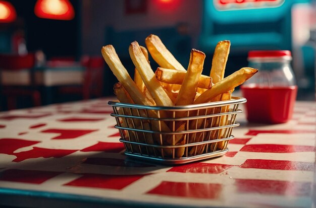 Photo french fries served in a mini fry basket wi