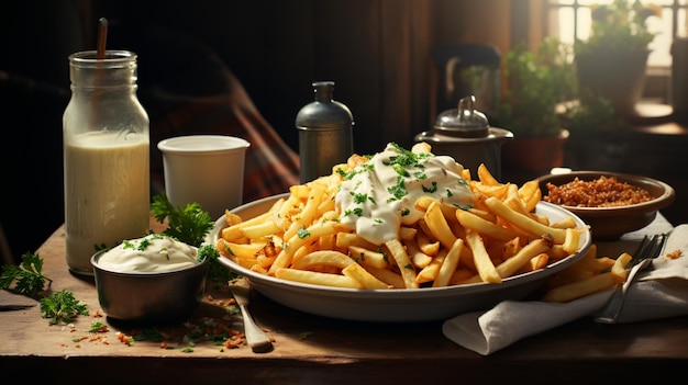 French fries in a take out container with a bowl of mayonnaise on a concrete texture table