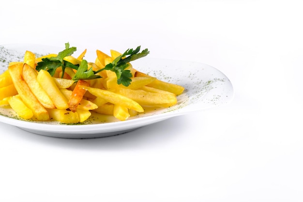 French fries on a white plate isolated background.