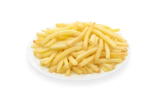 French fries on a white plate isolated on a white background