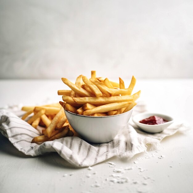 French fries on white table product photography