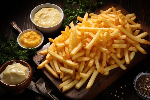картошка фри с сыром подается на кухонном столе профессиональная рекламная фотография еды