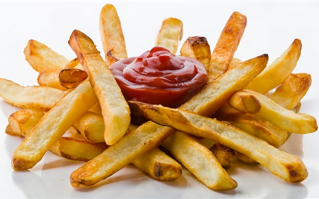 French fries with ketchup closeup over white