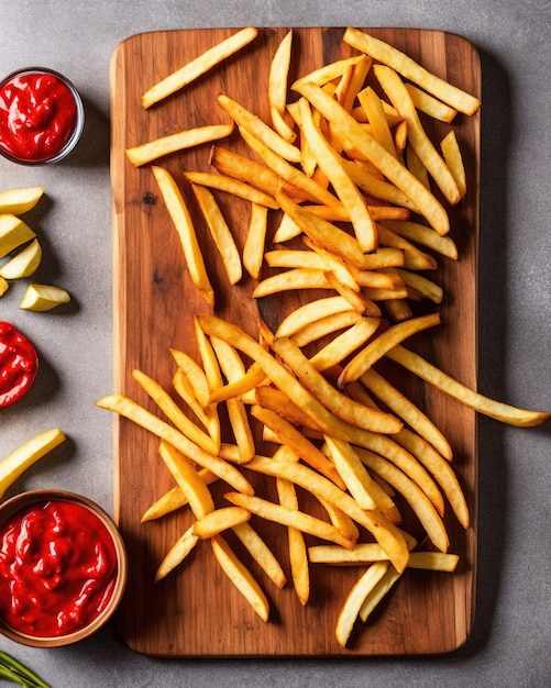 french fries with ketchup and sauce on a wooden background. top view.