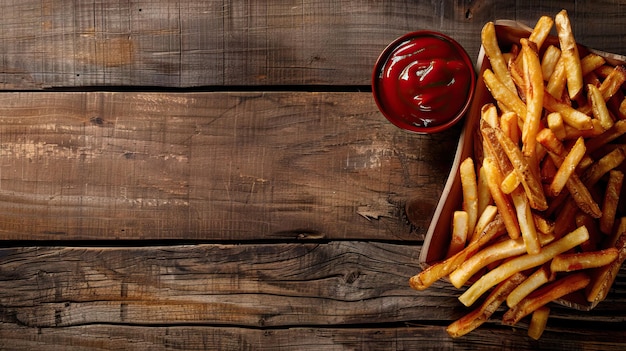 Photo french fries with ketchup on wooden background