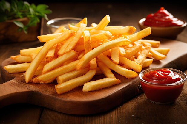 French fries with ketchup on wooden background