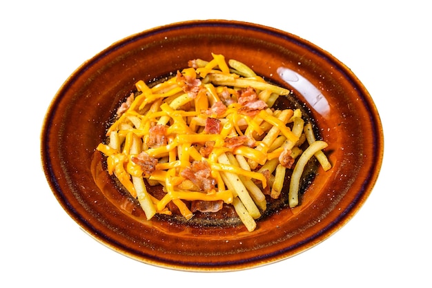 French fries with melted cheddar cheese and bacon served in a rustic plate Isolated on white background