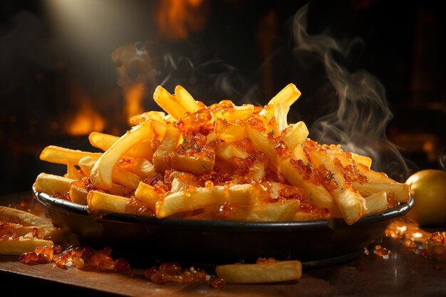 French fries with salt spices sauces and cheese Levitation Generative AI