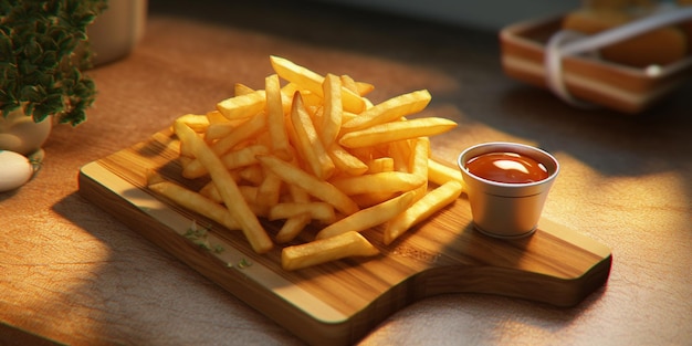 French fries on the wood plate with AI generated