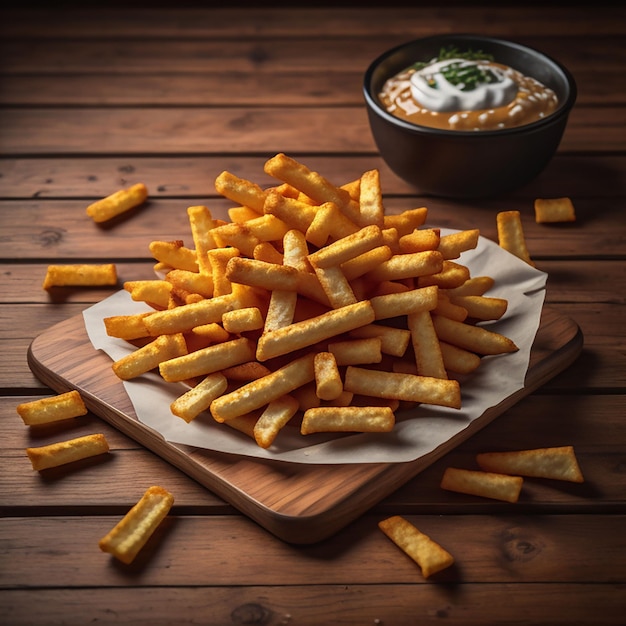 French fries on wood table generated by Ai