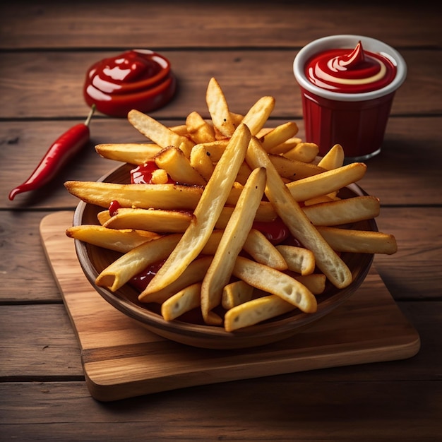 French fries on wood table generated by Ai