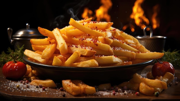 Foto patatine fritte su tavolo di legno su sfondo nero con luce cinematografica