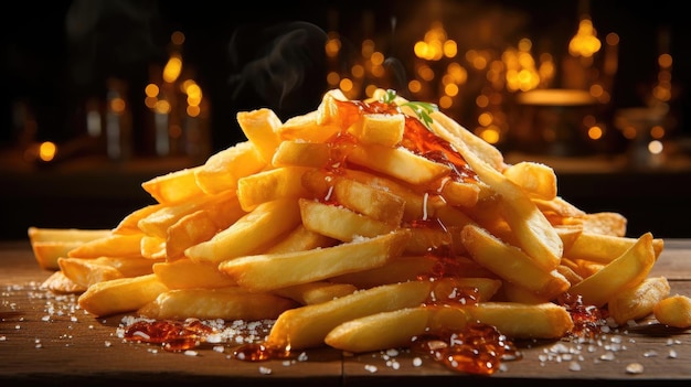 french fries on wooden table on black background with cinematic light