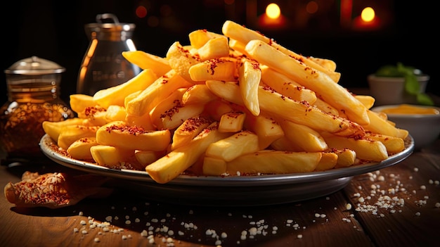 french fries on wooden table on black background with cinematic light