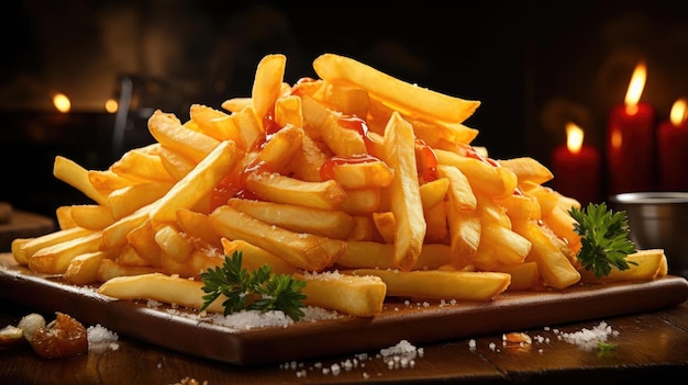 french fries on wooden table on black background with cinematic light