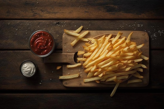 French Fries on Wooden table isolated with sauce.